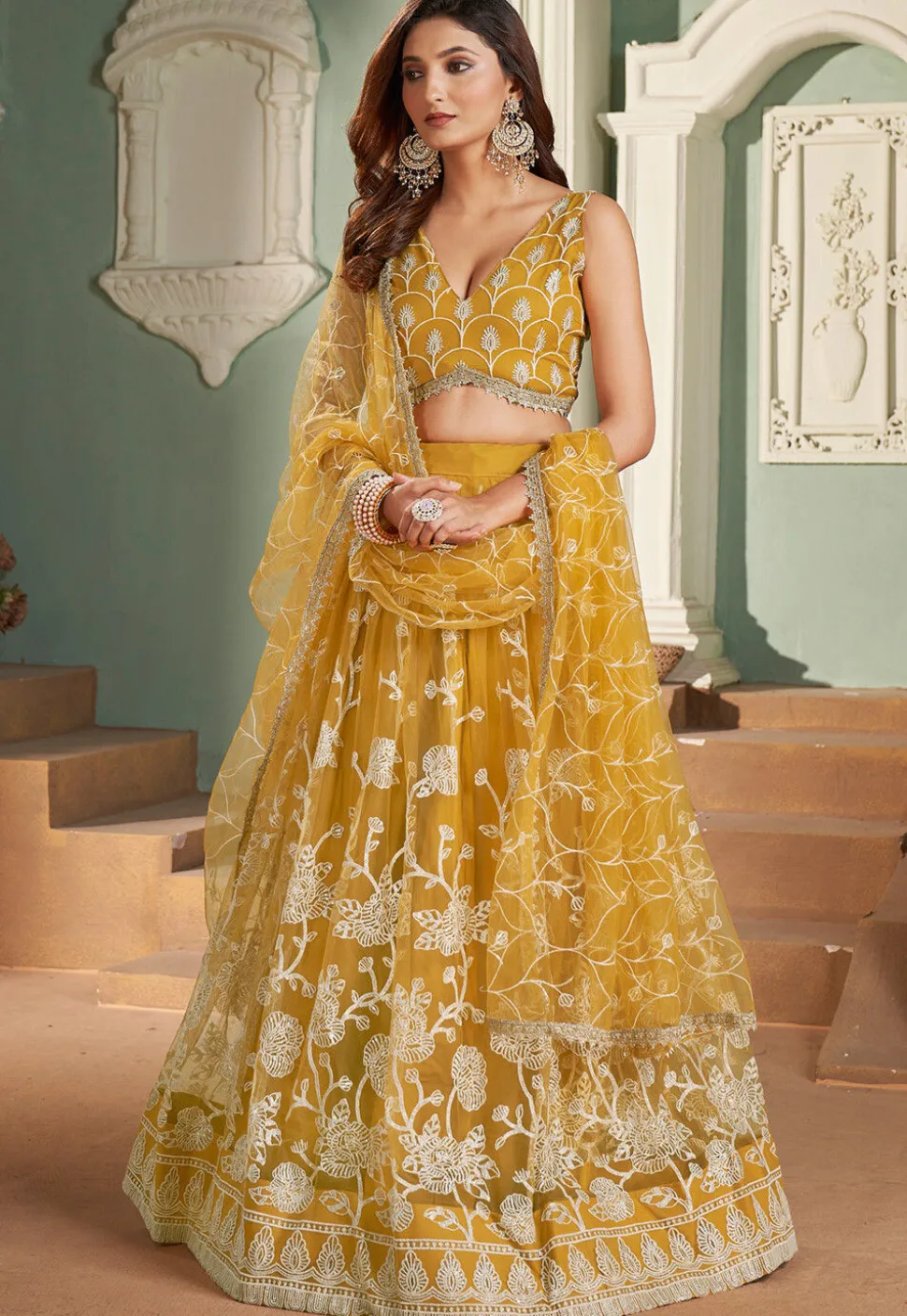 Embroidered Net Lehenga in Mustard