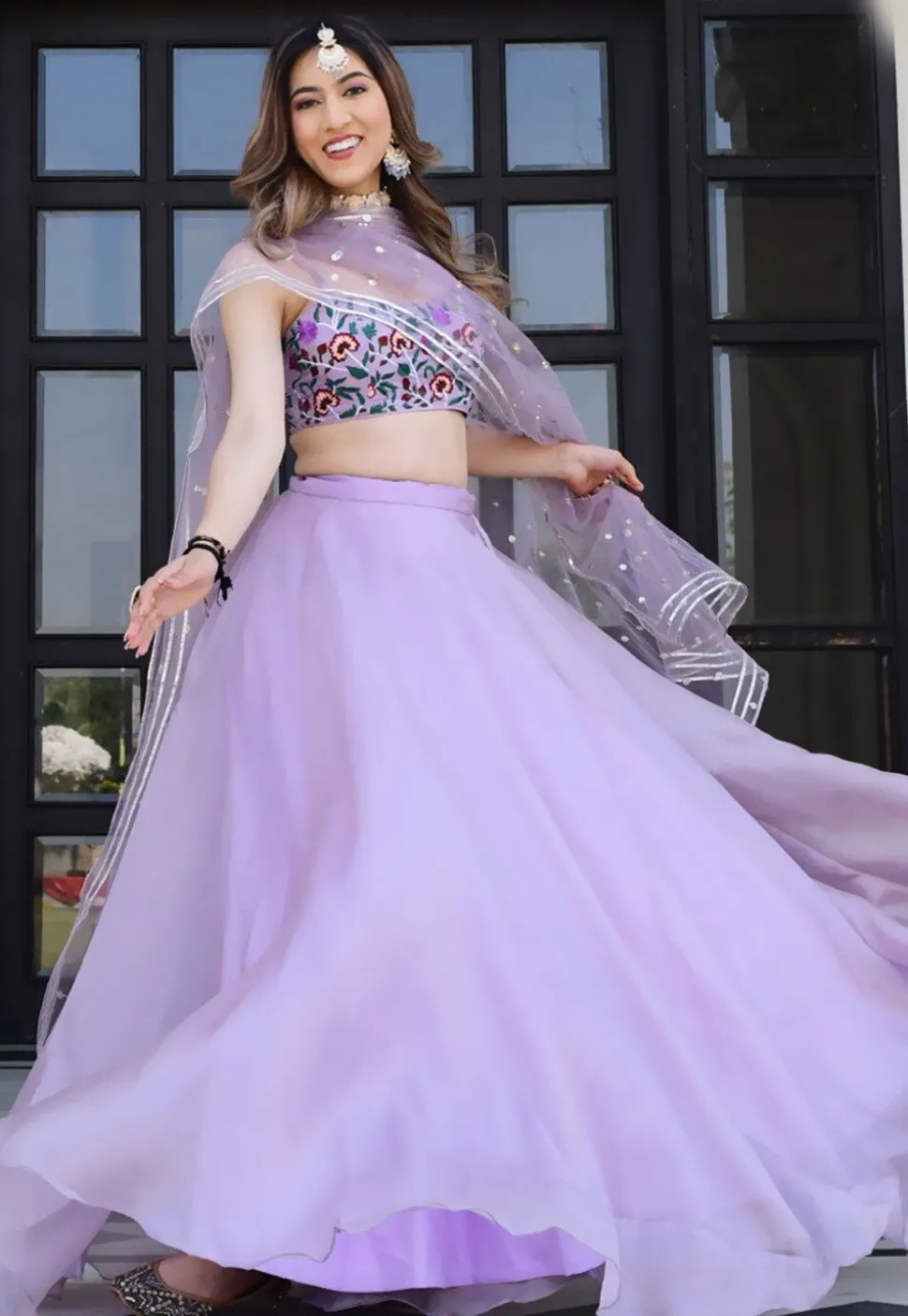 Embroidered Net Lehenga in Purple