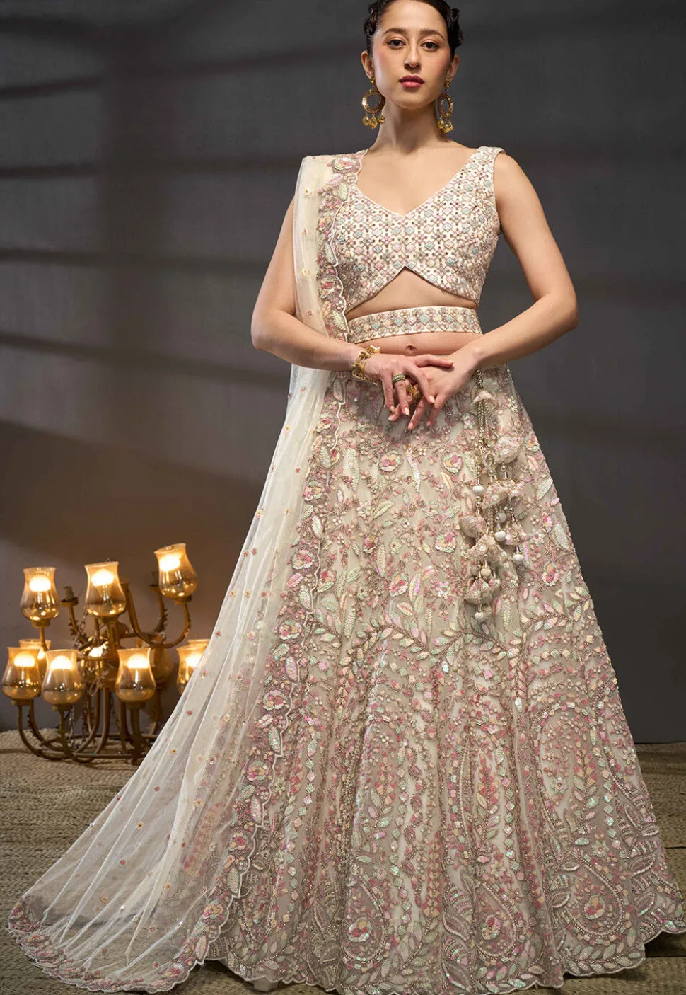 Embroidered Net Lehenga in Cream
