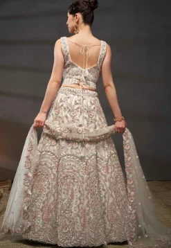 Embroidered Net Lehenga in Cream