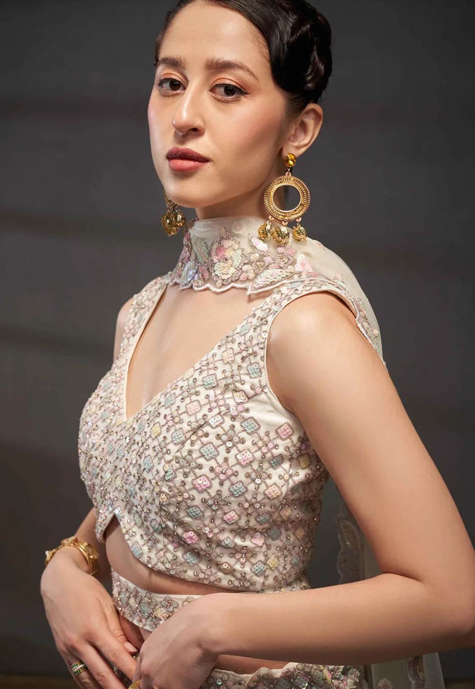 Embroidered Net Lehenga in Cream