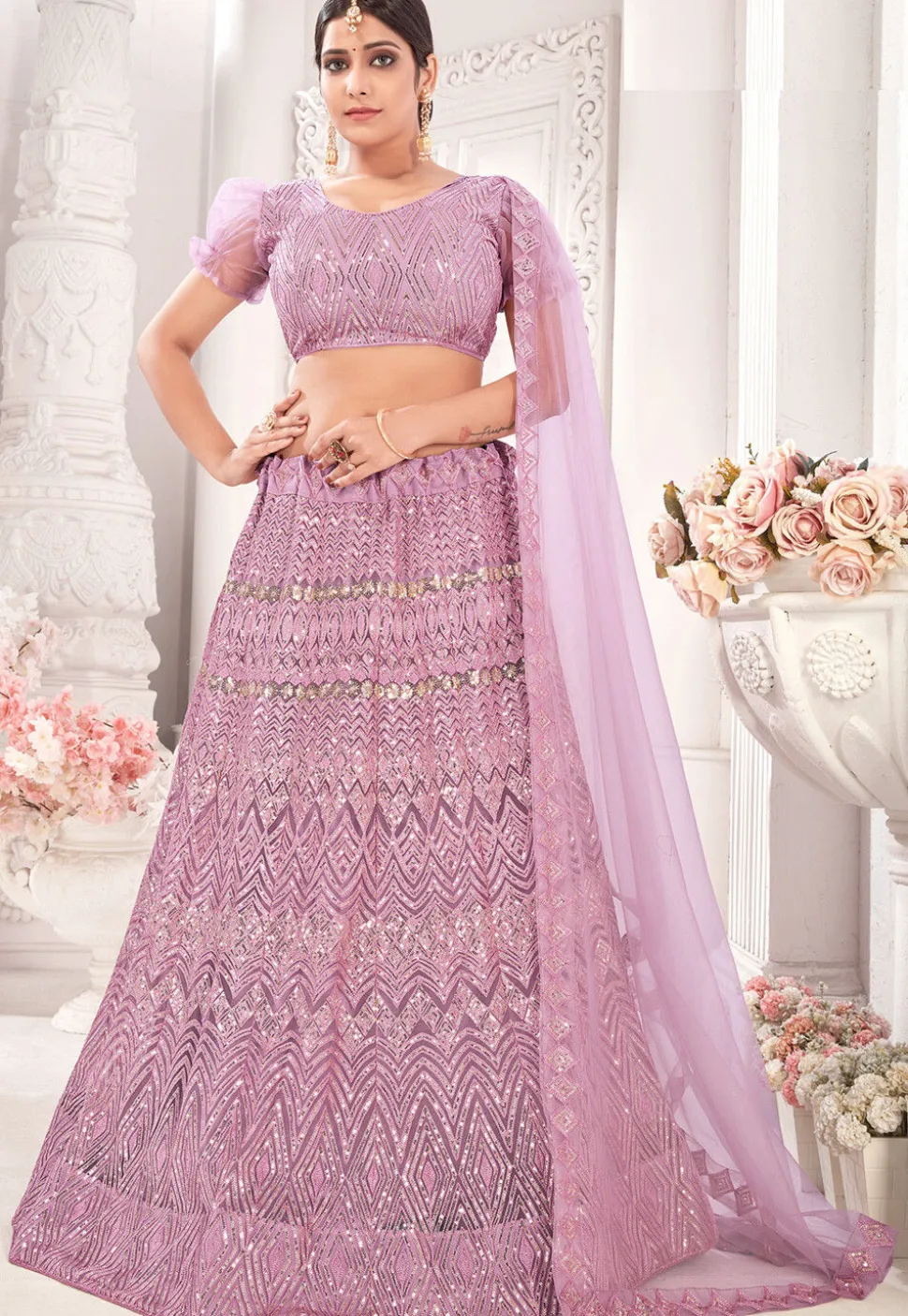 Embroidered Net Lehenga in Pink
