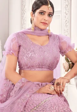 Embroidered Net Lehenga in Pink