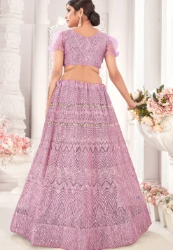 Embroidered Net Lehenga in Pink