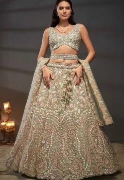 Embroidered Net Lehenga in Light Green