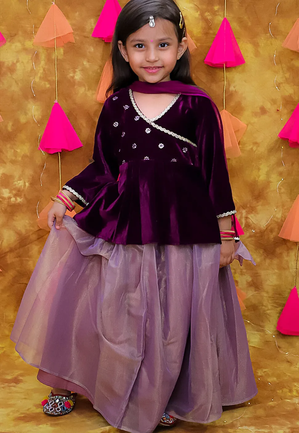 Embroidered Net Lehenga in Dusty Purple