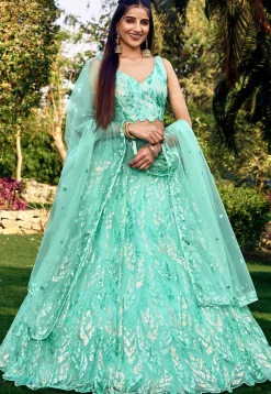 Embroidered Net Lehenga in Sea Green
