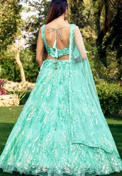 Embroidered Net Lehenga in Sea Green