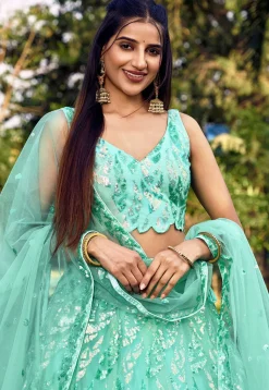 Embroidered Net Lehenga in Sea Green