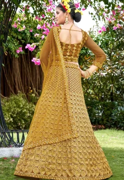 Embroidered Net Lehenga in Mustard