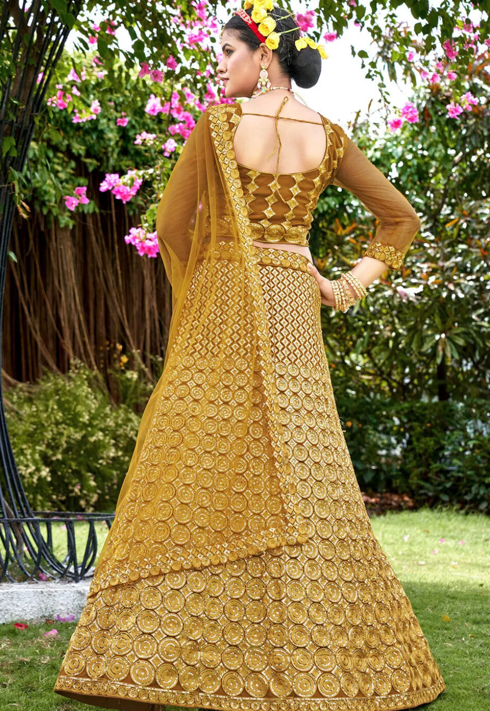 Embroidered Net Lehenga in Mustard