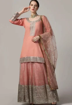 Embroidered Net Lehenga in Peach