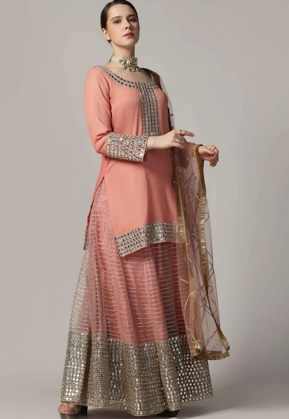 Embroidered Net Lehenga in Peach