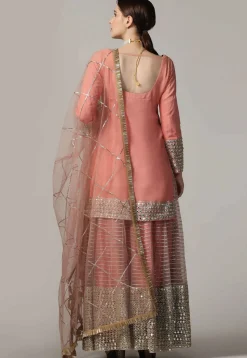 Embroidered Net Lehenga in Peach