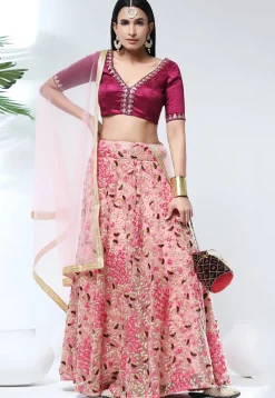 Embroidered Net Lehenga in Peach