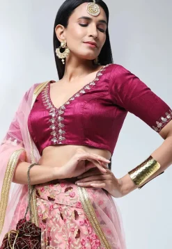 Embroidered Net Lehenga in Peach
