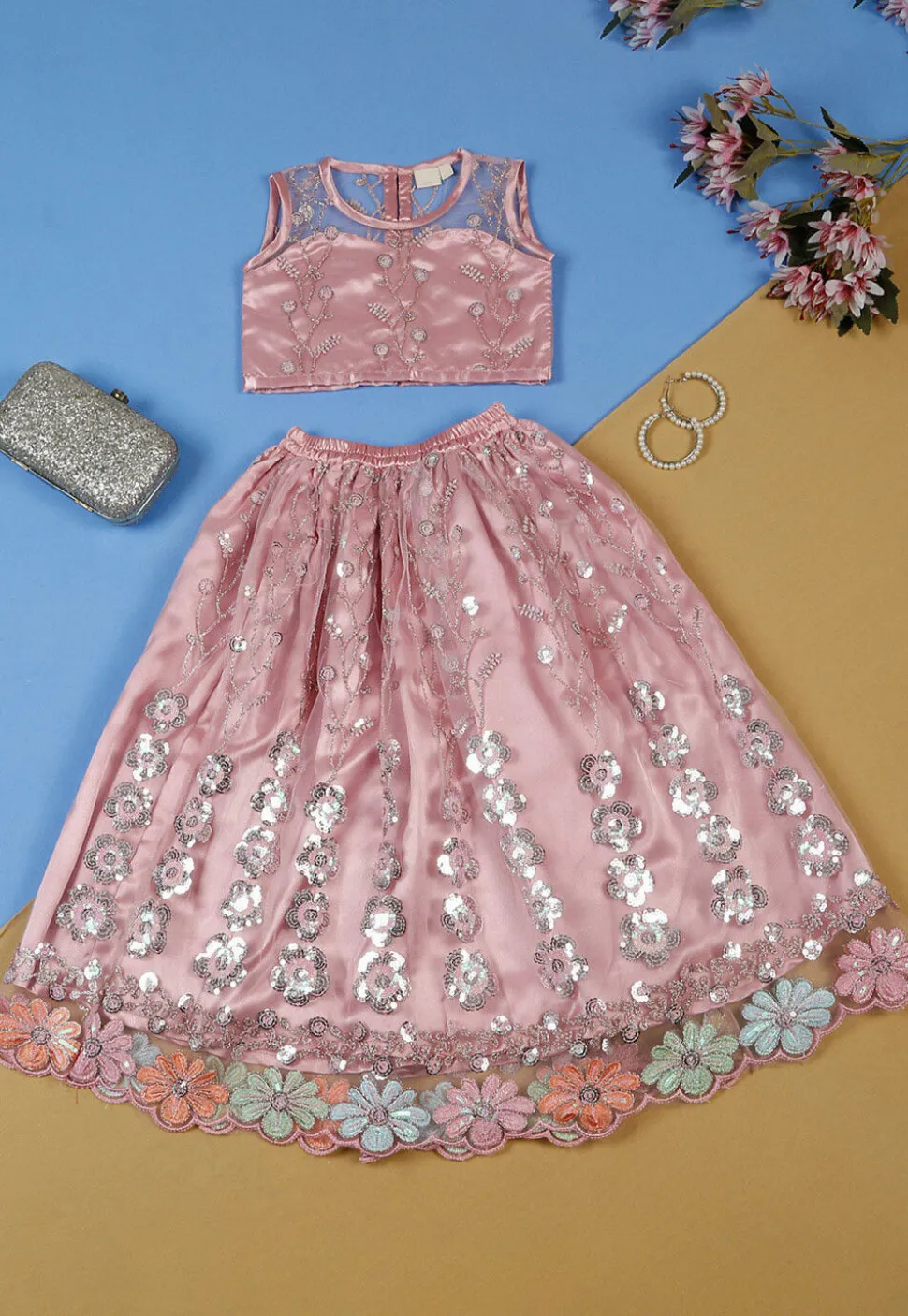 Embroidered Net Lehenga in Pink