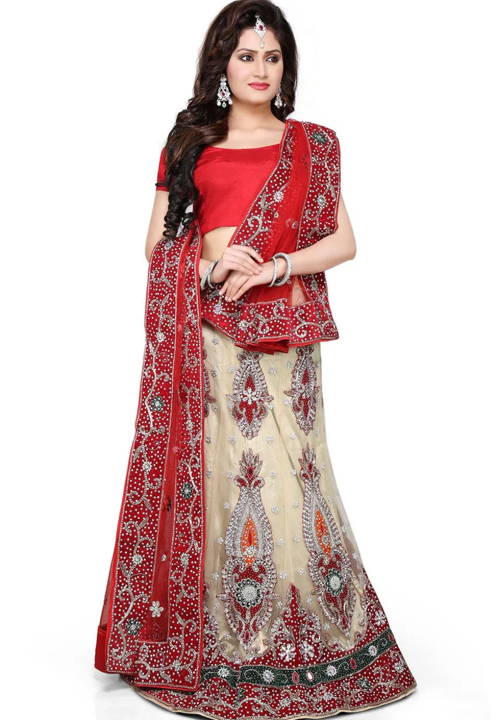 Embroidered Net Lehenga in Light Beige and Red