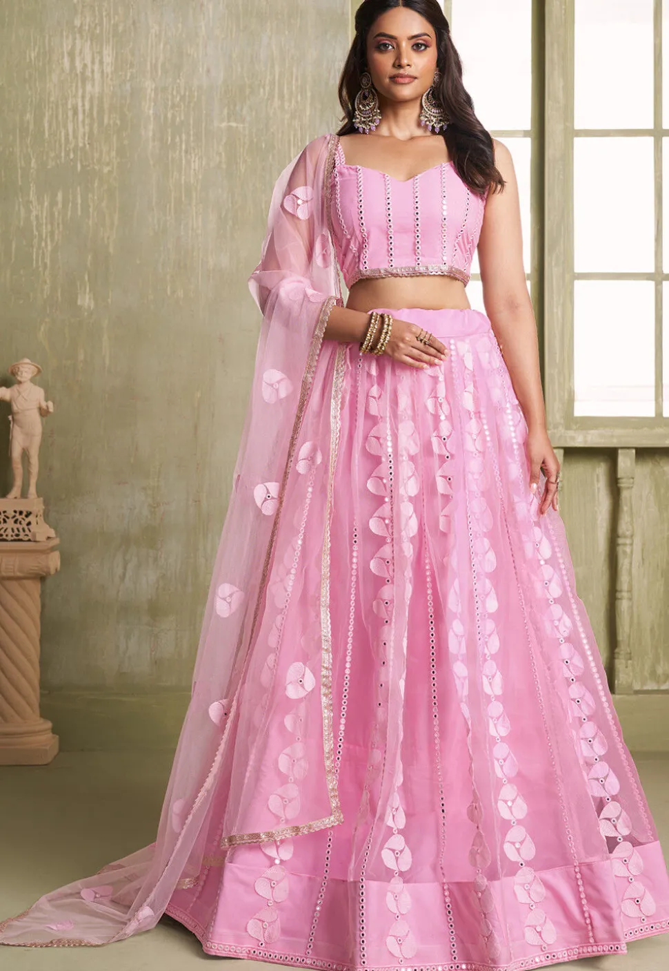 Embroidered Net Lehenga in Pink