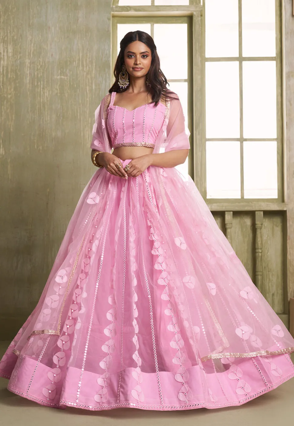 Embroidered Net Lehenga in Pink