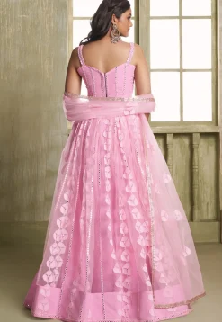 Embroidered Net Lehenga in Pink