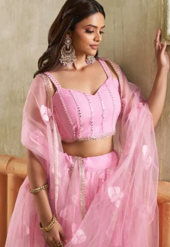 Embroidered Net Lehenga in Pink