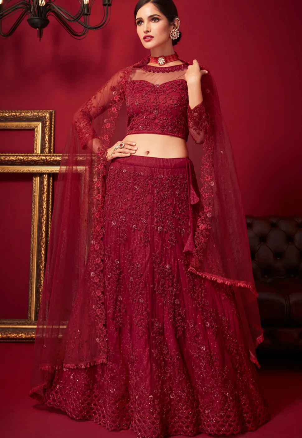 Embroidered Net Lehenga in Maroon