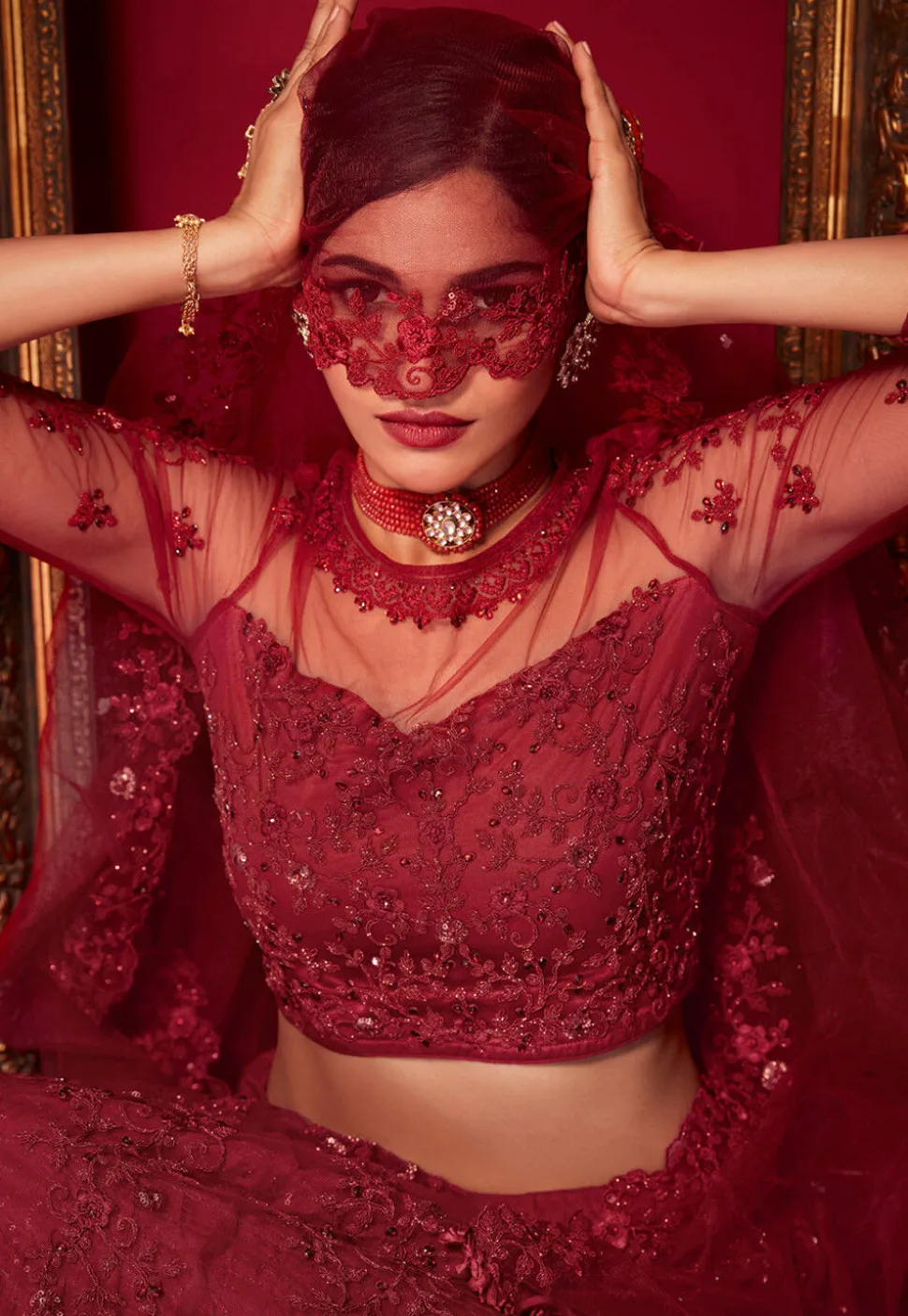 Embroidered Net Lehenga in Maroon