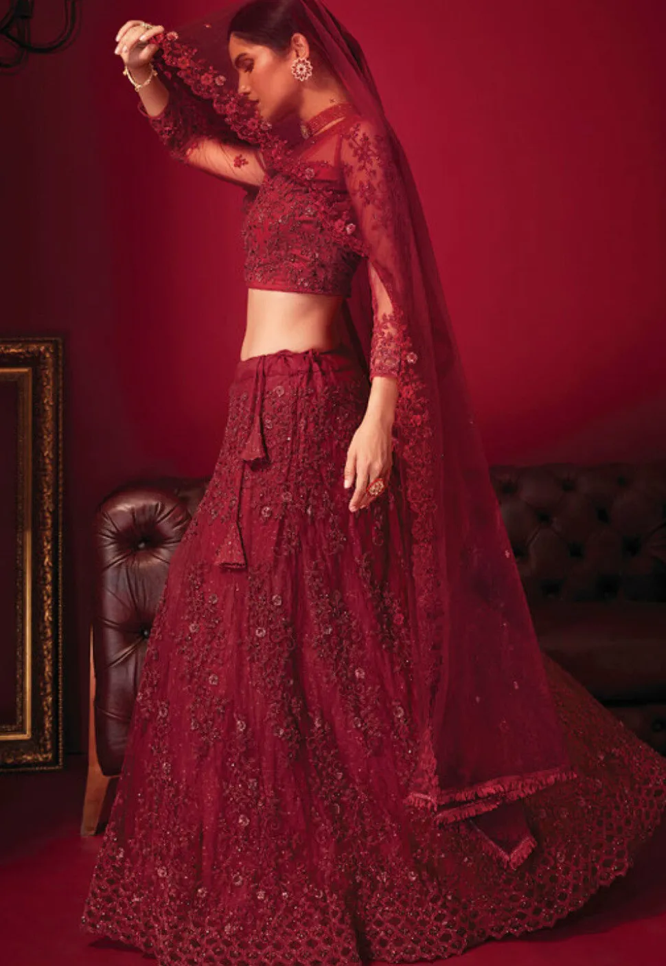 Embroidered Net Lehenga in Maroon