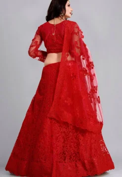 Embroidered Net Lehenga in Red