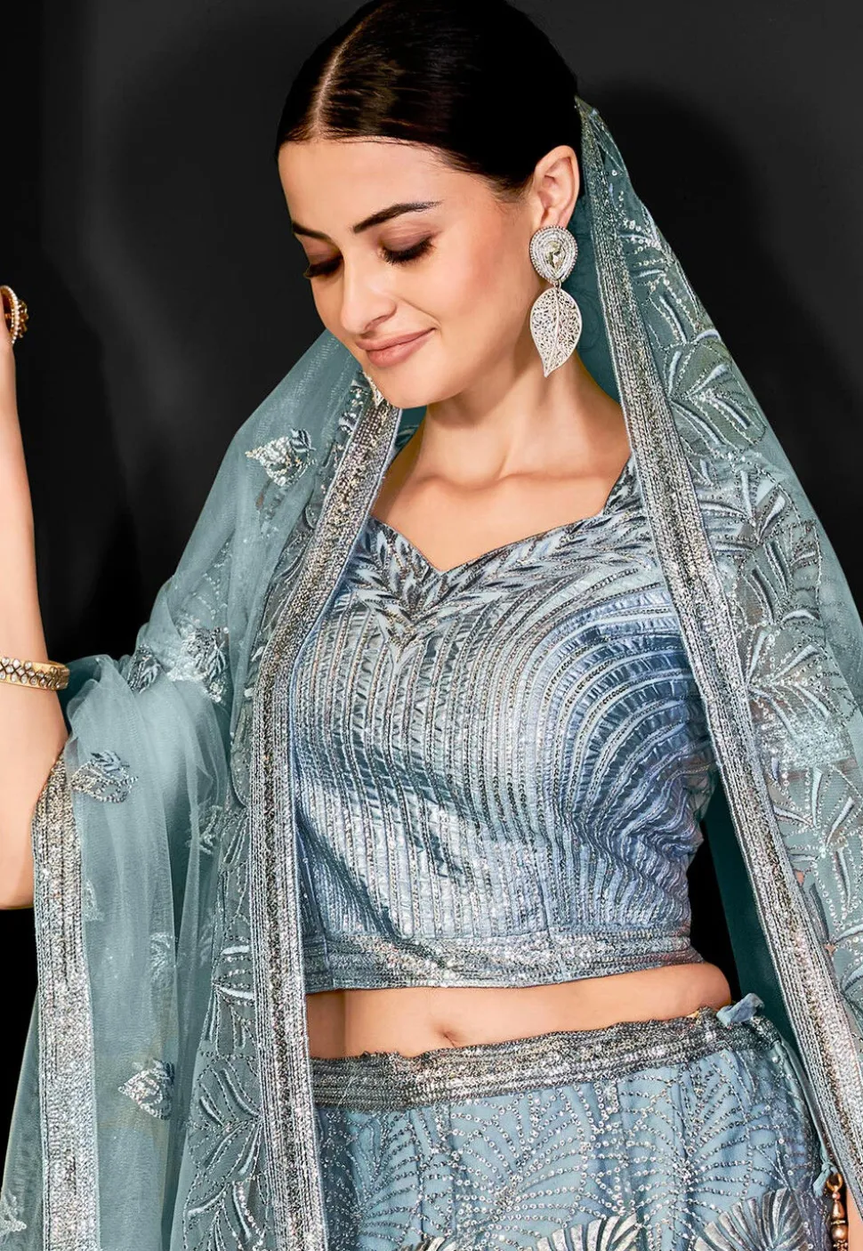 Embroidered Net Lehenga in Grey