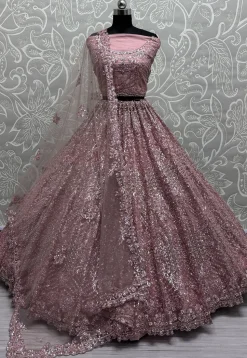 Embroidered Net Lehenga in Purple