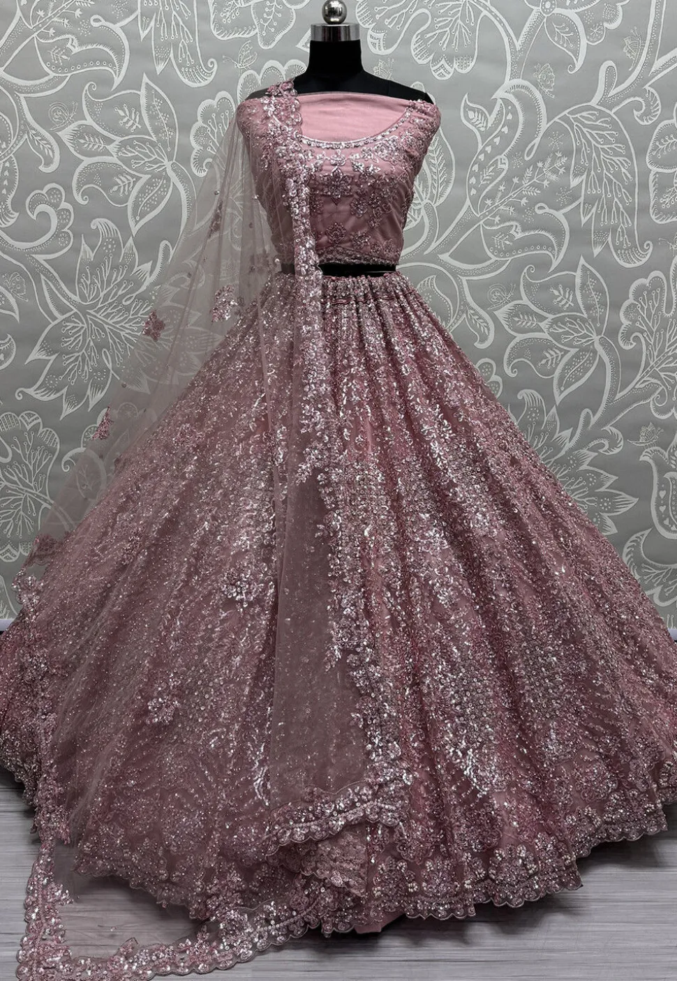 Embroidered Net Lehenga in Purple