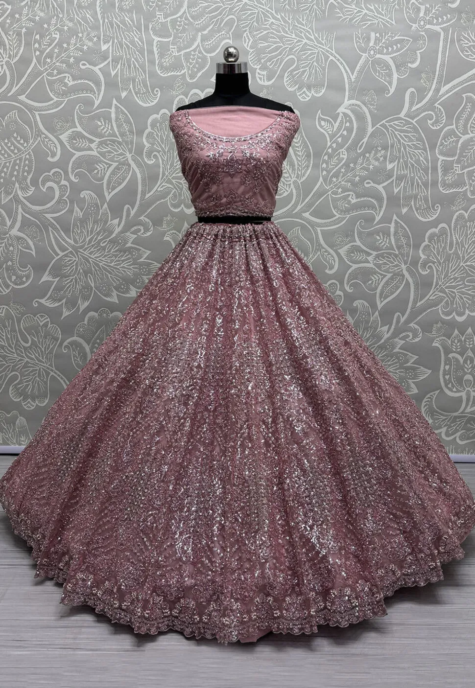 Embroidered Net Lehenga in Purple