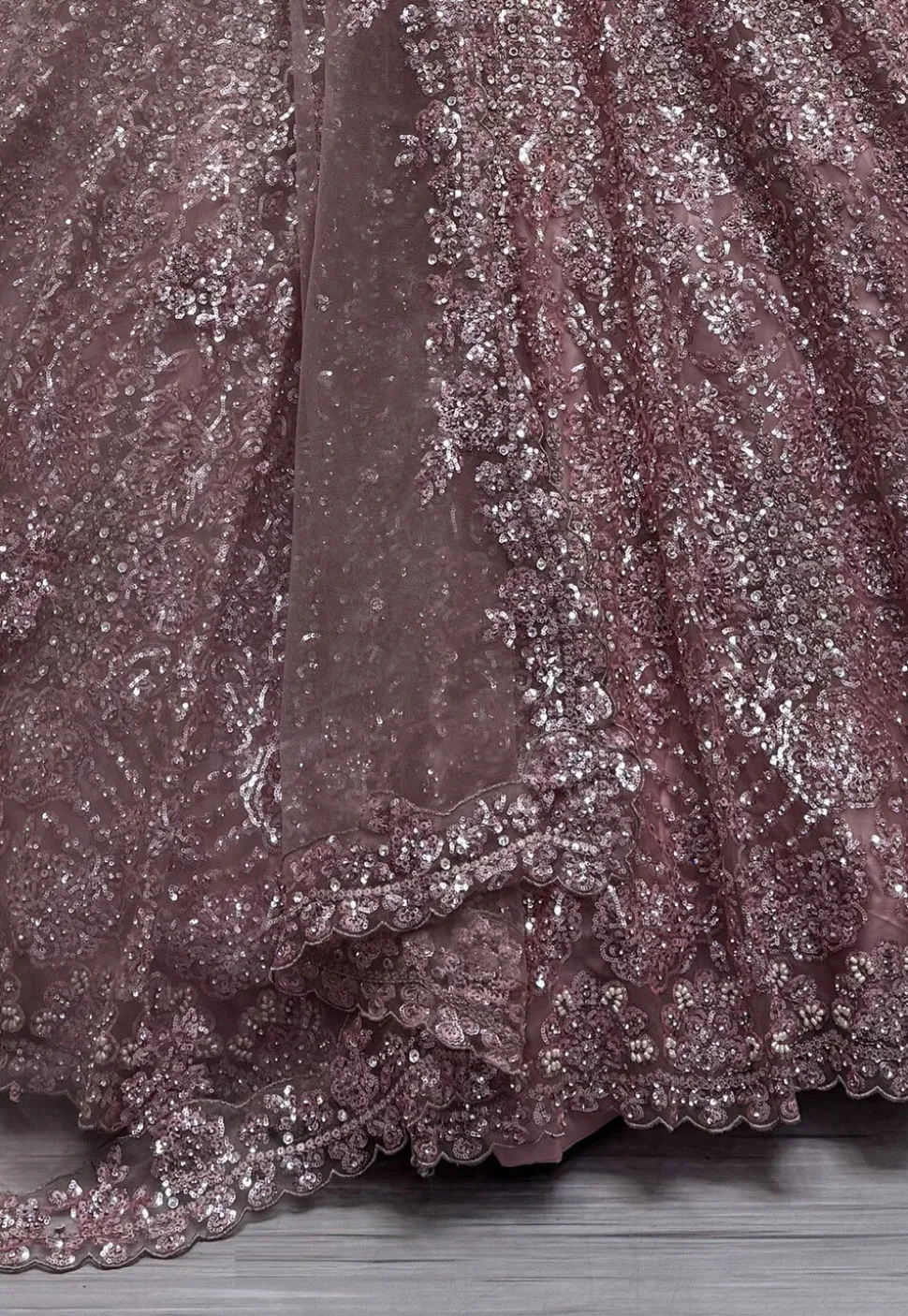 Embroidered Net Lehenga in Purple