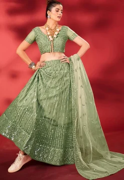 Embroidered Net Lehenga in Light Green