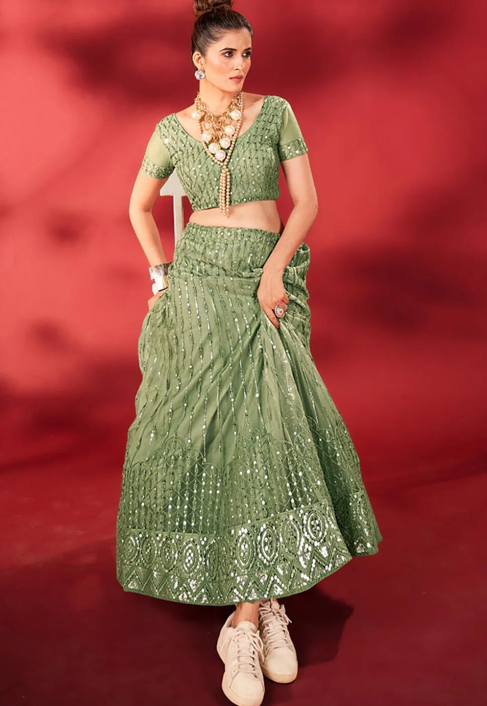 Embroidered Net Lehenga in Light Green
