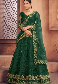 Embroidered Net Lehenga in Dark Green