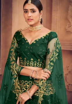 Embroidered Net Lehenga in Dark Green