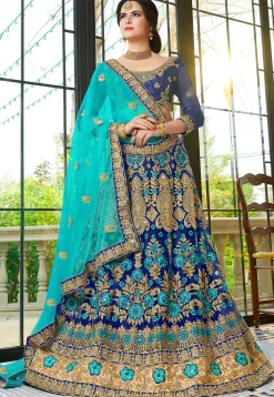 Embroidered Net Lehenga in Navy Blue