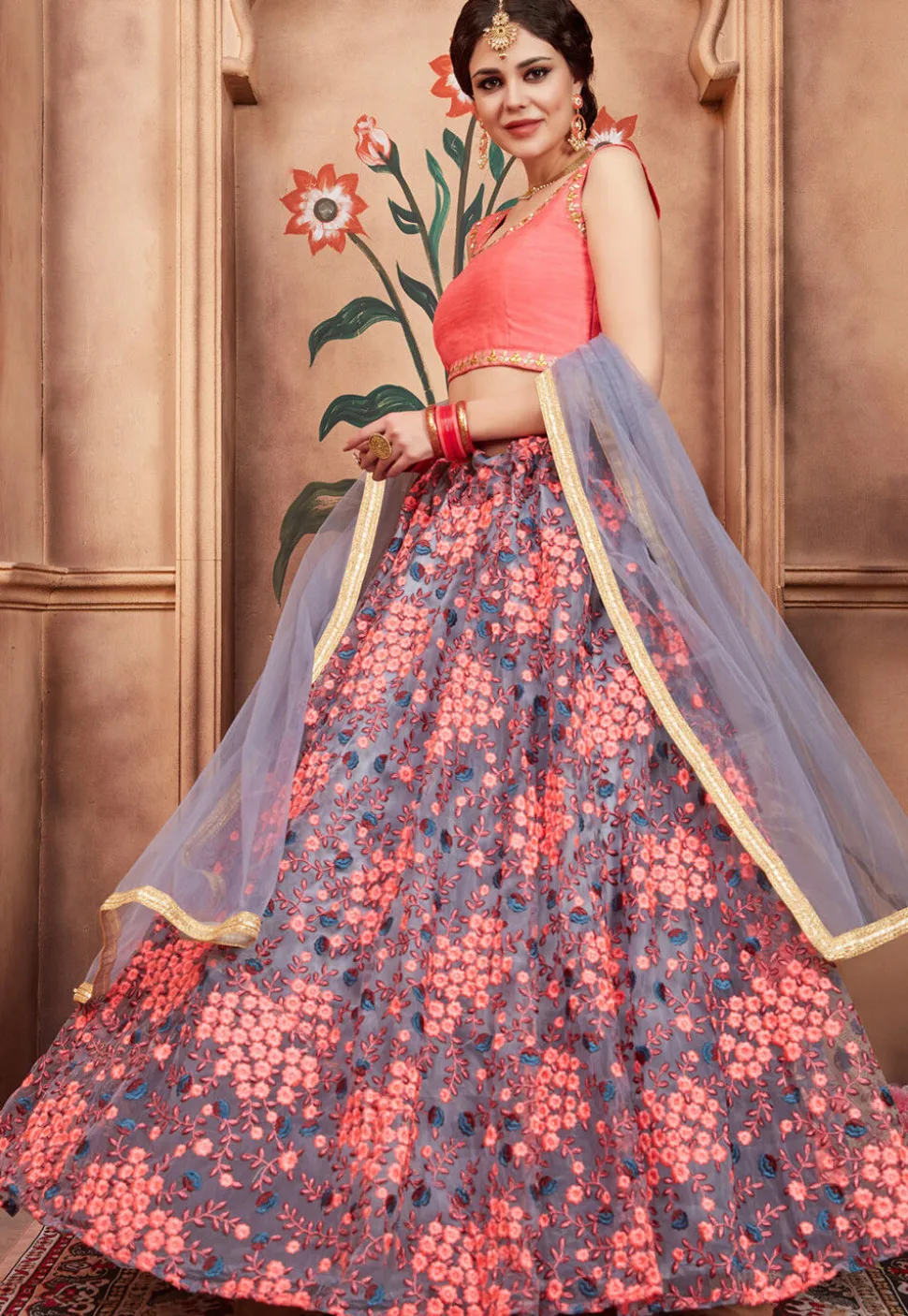 Embroidered Net Lehenga in Grey