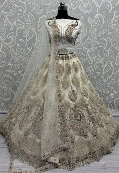 Embroidered Net Lehenga in Off White