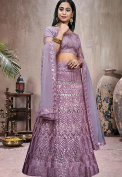 Embroidered Net Lehenga in Purple