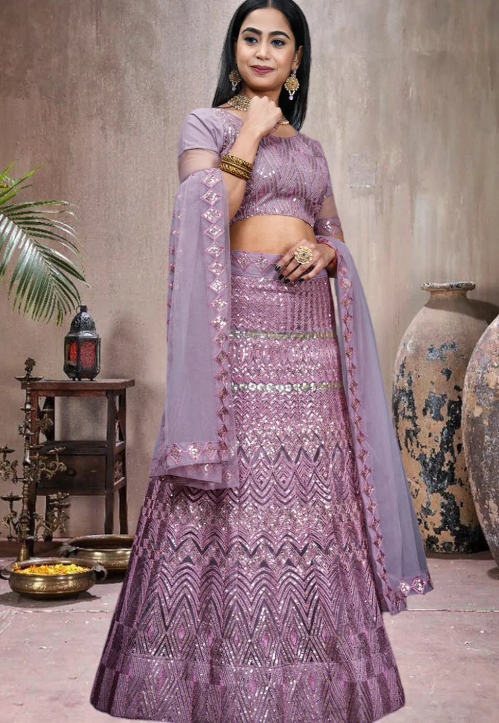 Embroidered Net Lehenga in Purple
