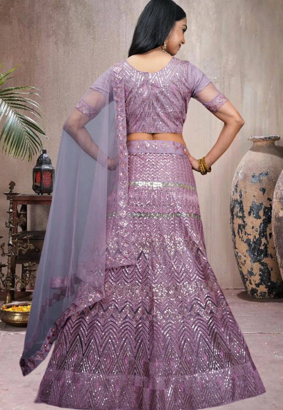 Embroidered Net Lehenga in Purple