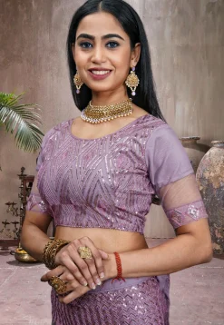 Embroidered Net Lehenga in Purple