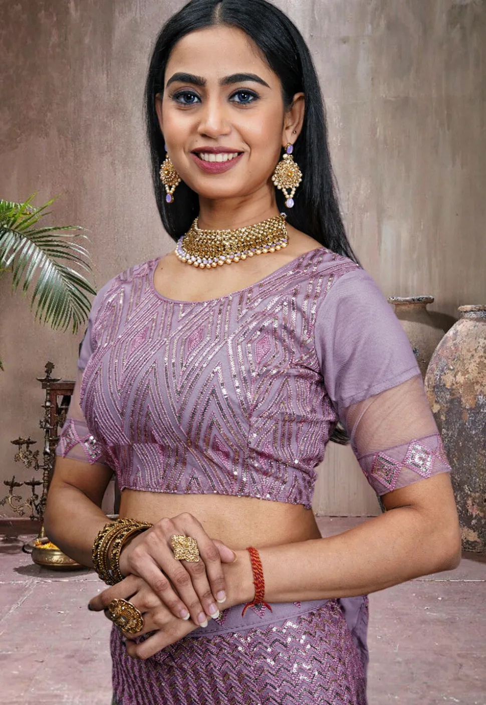 Embroidered Net Lehenga in Purple