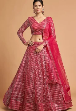 Embroidered Net Lehenga in Red