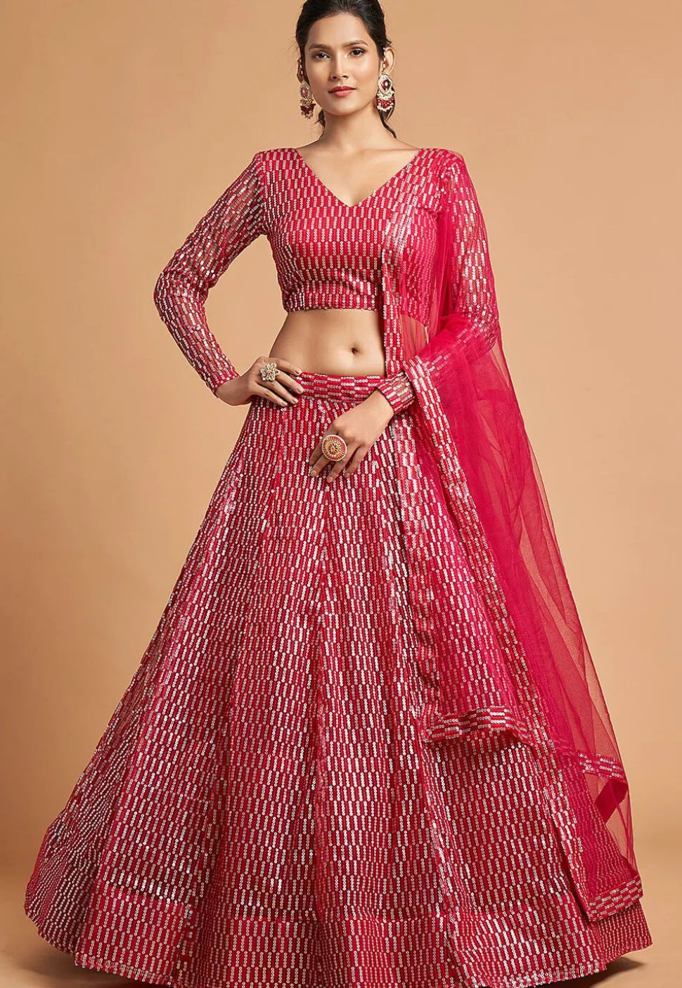 Embroidered Net Lehenga in Red