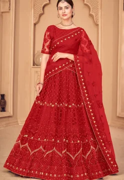 Embroidered Net Lehenga in Red